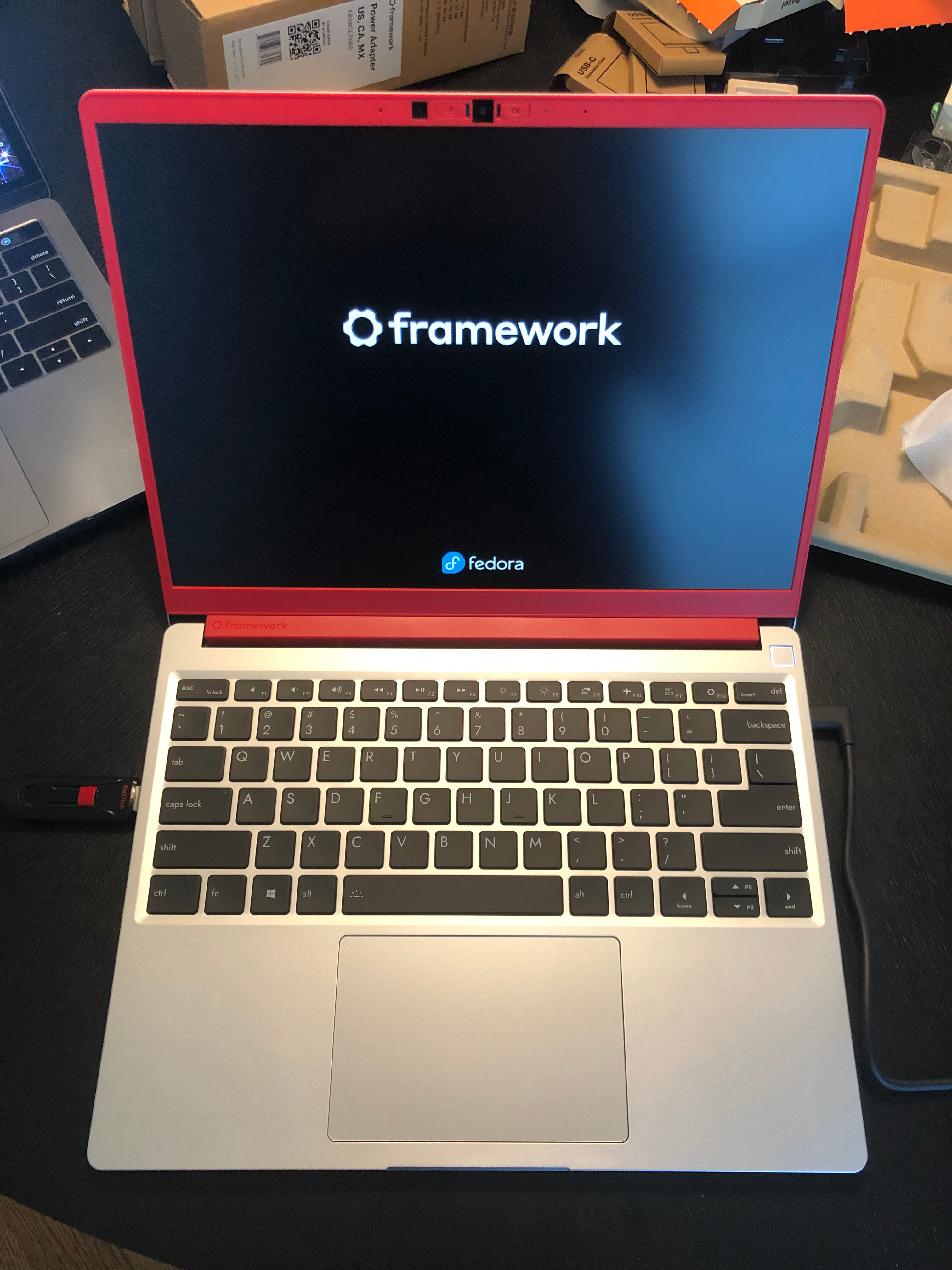 completed build of framework laptop 13 with red bezel