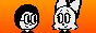 Pixel art of a male human wearing glasses and a female anthropomorphic red fox looking at one another, in front of an orange light-to-dark gradient background.